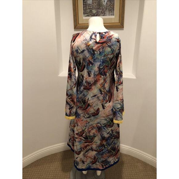 Aftican Design Trish O. Couture High-Low Long  Bell Sleeve Marine Print Dress - Picture 13 of 14